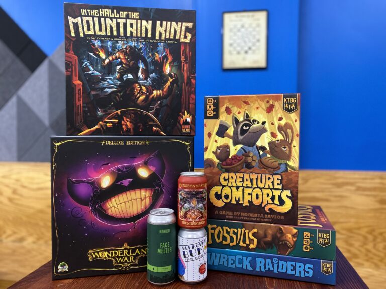 stack of games featuring wonderland's war, in the hall of the mountain king, creature comforts, fossilis, wreck raiders