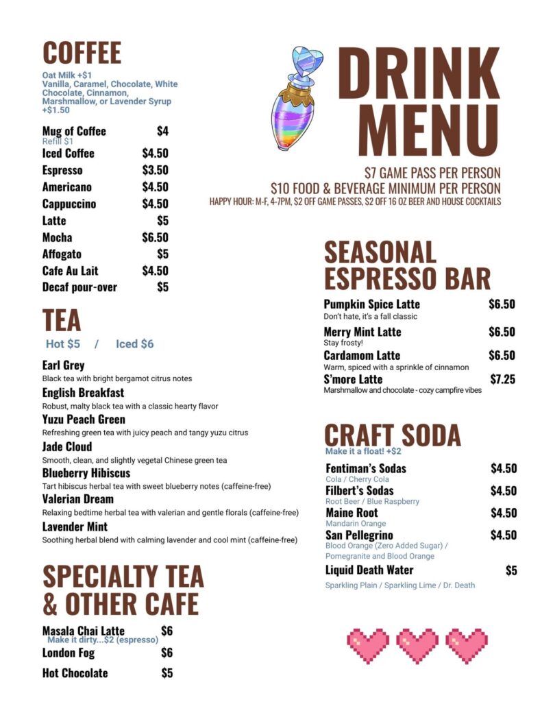 Bonus Round Cafe Drink Menu