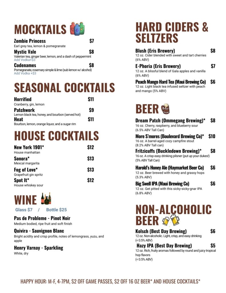 Bonus Round Cafe Coffee and Tea Menu